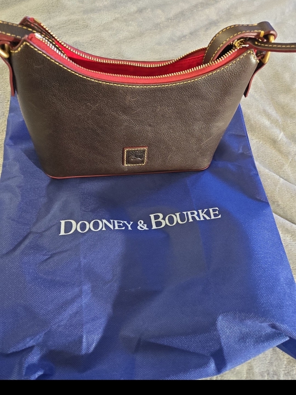 Dooney & Bourke Brown Leather Shoukder Bag with Red Interior and Gold Hardware